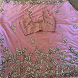 Elegant Pink and Silver Embellished Saree with sleeveless blouse